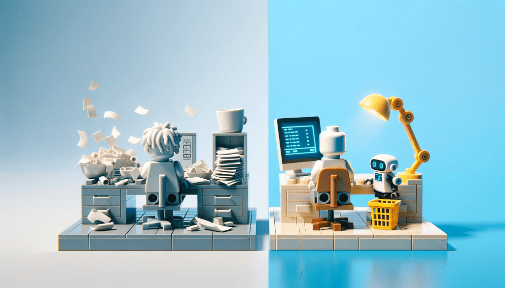 On the left is the 'Before AI' scene with a Lego figure at a cluttered desk, and on the right is the 'After AI' scene showing a Lego figure at a modern, organized desk with a small Lego robot assistant. The simplicity of the scenes effectively conveys the contrast between the disorganized 'Before' and the efficient 'After' without unnecessary details.