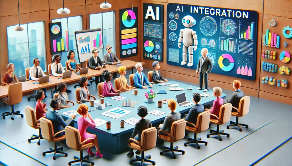 large boardroom wth Claymation people looking at CEO discuss AI STrategy